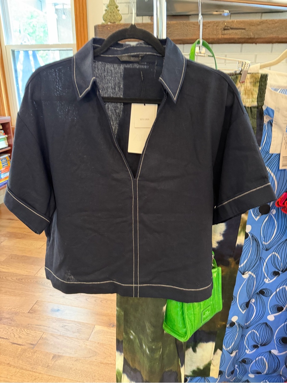 NWT Zara Navy Linen Top Size Medium
